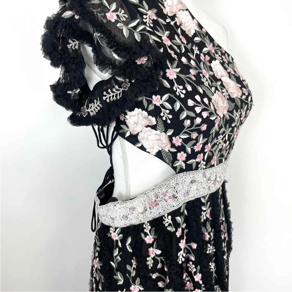 Mac Duggal Embroidered Floral Ruffled One Shoulder Lace‎ Up Gown Black Si… - Picture 10 of 13